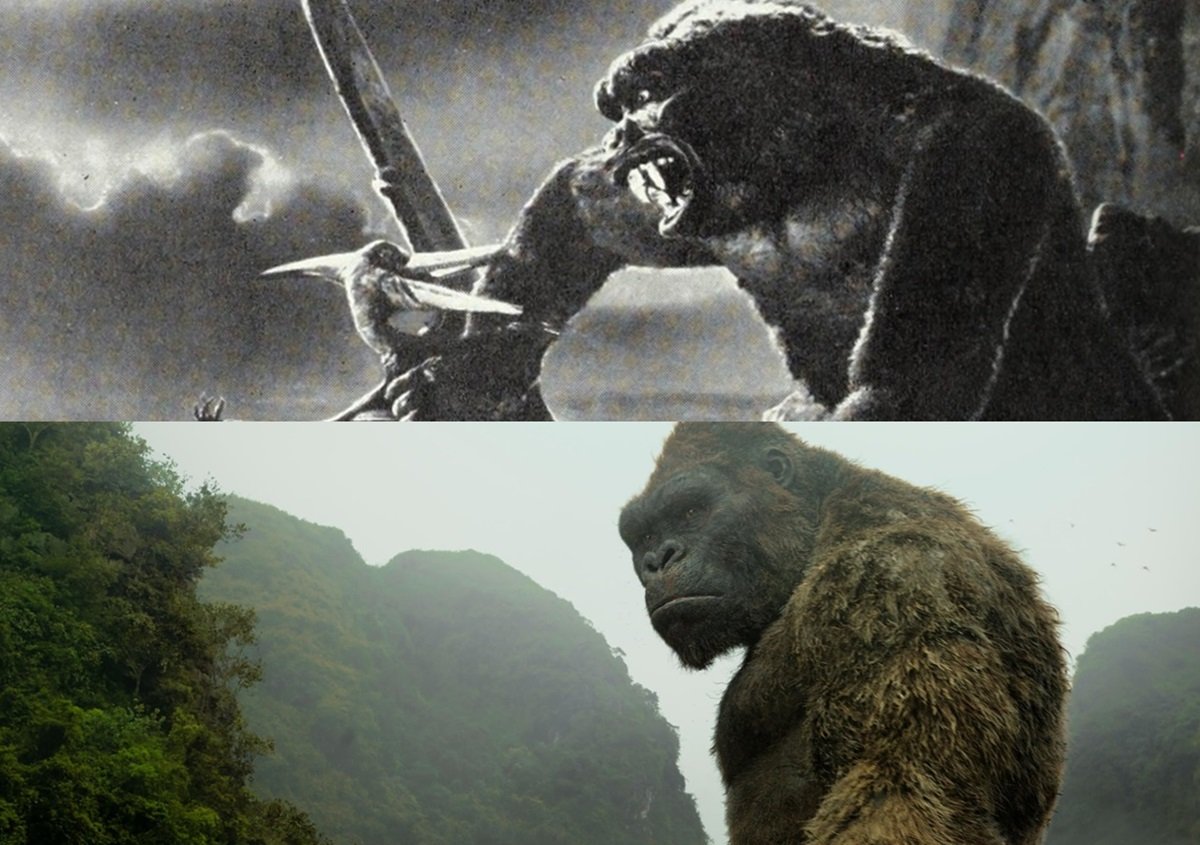 King Kong fights a dinosaur in the 1933 original film, and he looms over mountains in Kong: Skull Island.
