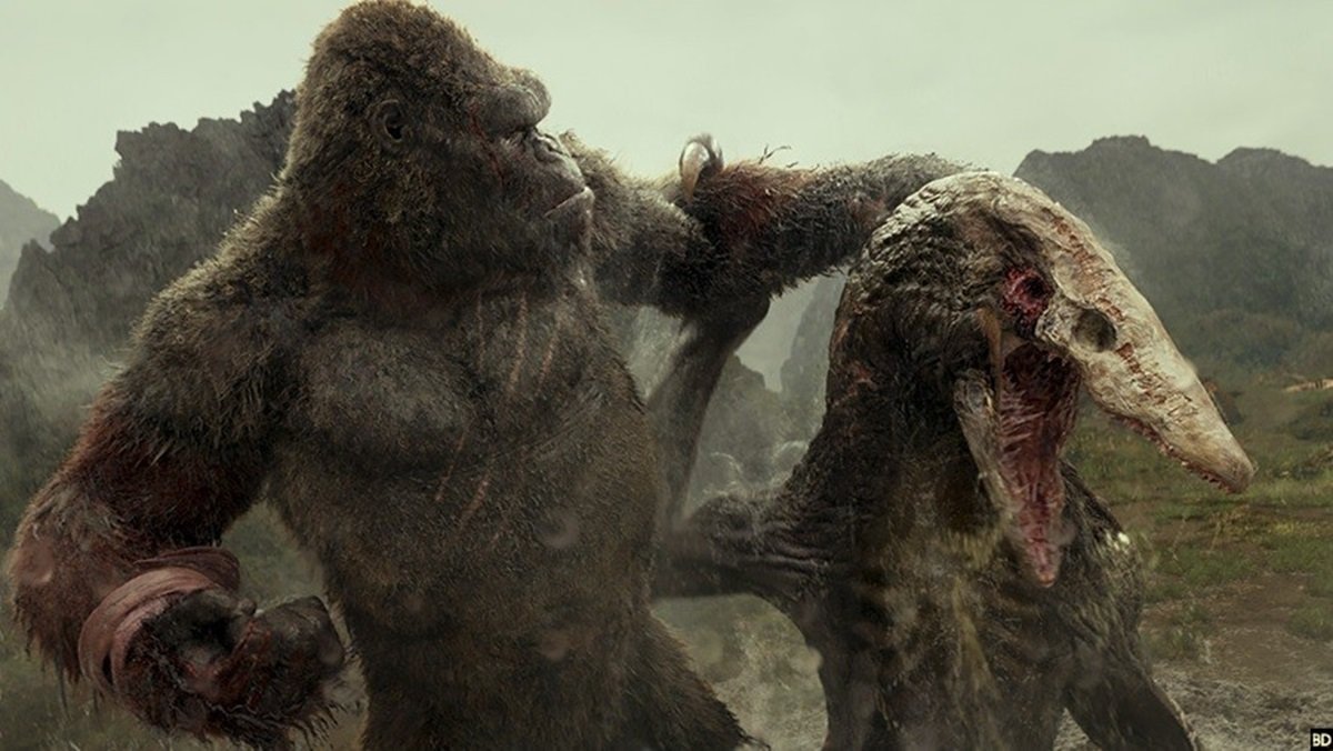 Kong fights a monster on Skull Island.