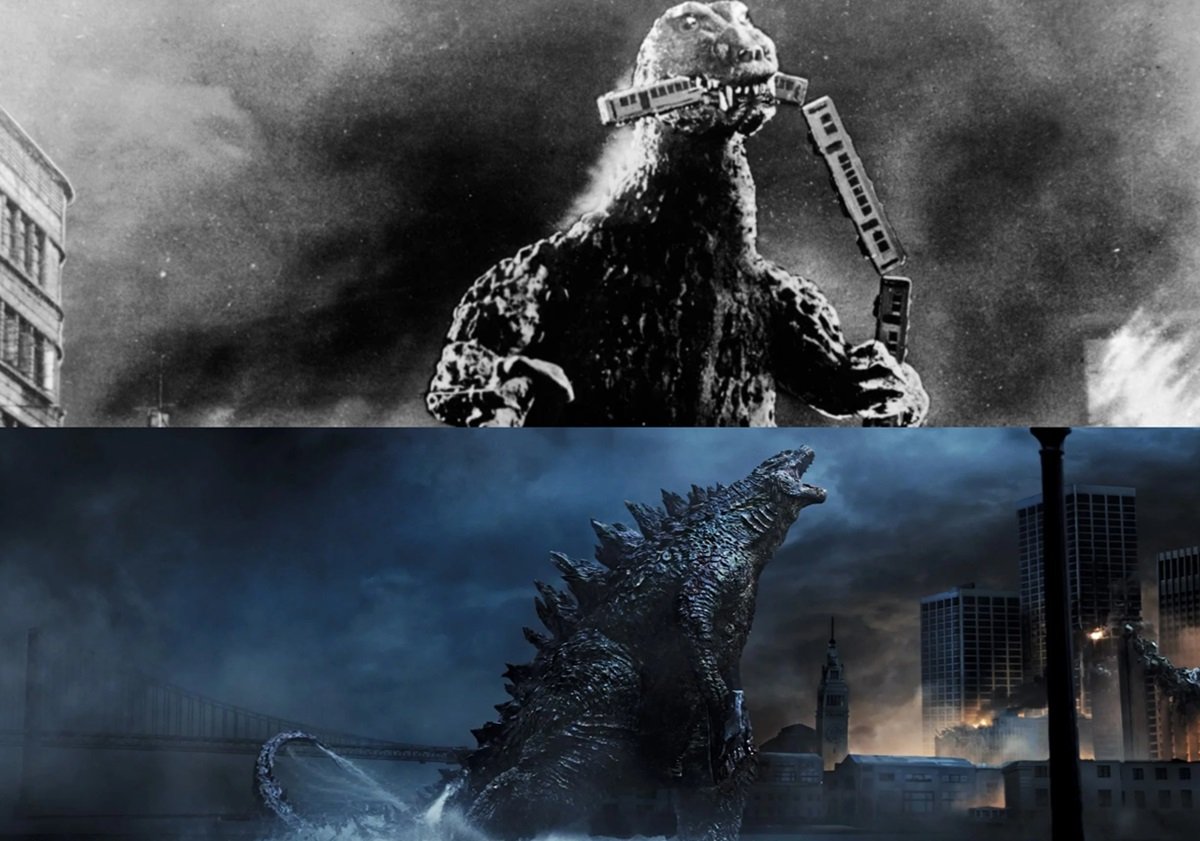 Godzilla attacks Tokyo in 1954 (above) and San Francisco in 2014 (Below)