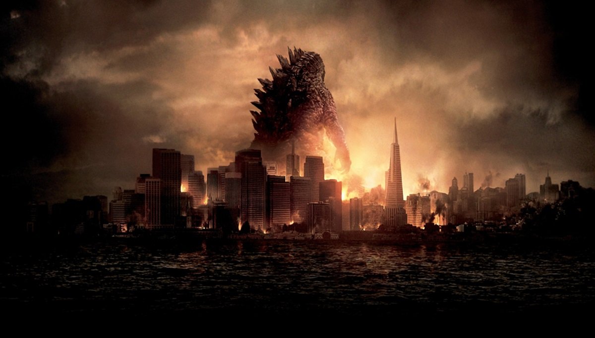 Godzilla looms large over San Franciso in poster image for 2014's Godzilla.