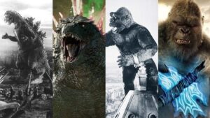The original black and white versions of Godzilla and Kong, along with their modern counterparts.