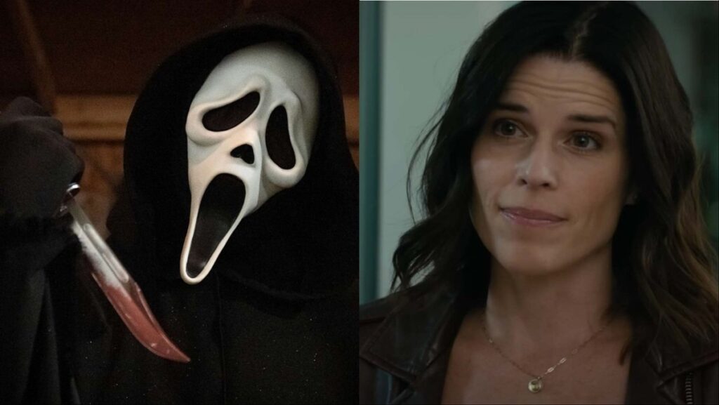 Ghostface and Neve Campbell, the iconic stars of the Scream franchise.