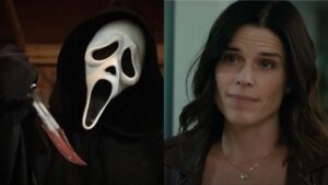 Ghostface and Neve Campbell, the iconic stars of the Scream franchise.