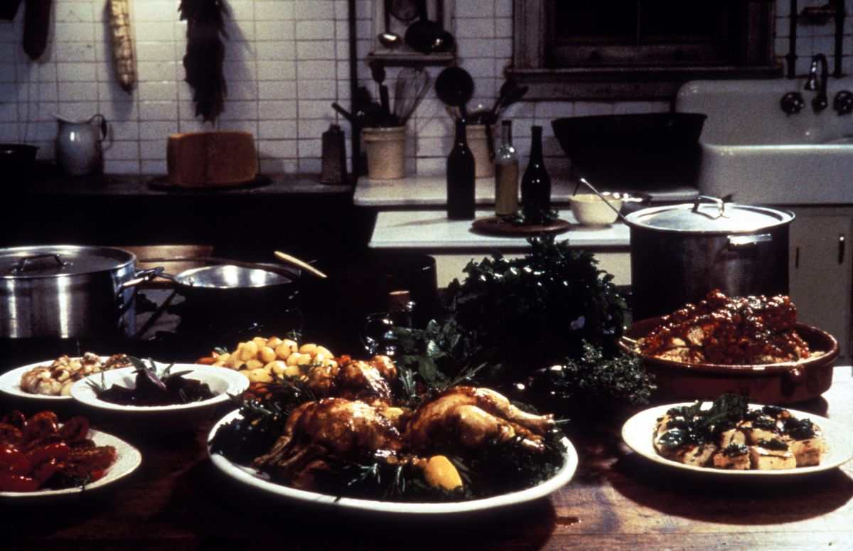 A shot of food in the kitchen in a still from Big Night
