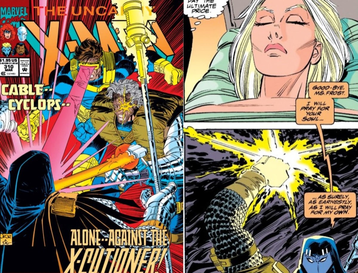 Cover art for 1993's Uncanny X-Men #310, showing Cyclops and Cable fighting X-Cutioner. Art by John Romita Jr. 
