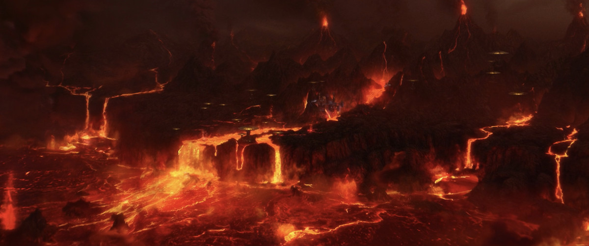 Volcanoes spill their lava like so many rivers and lakes on the planet Mustafar