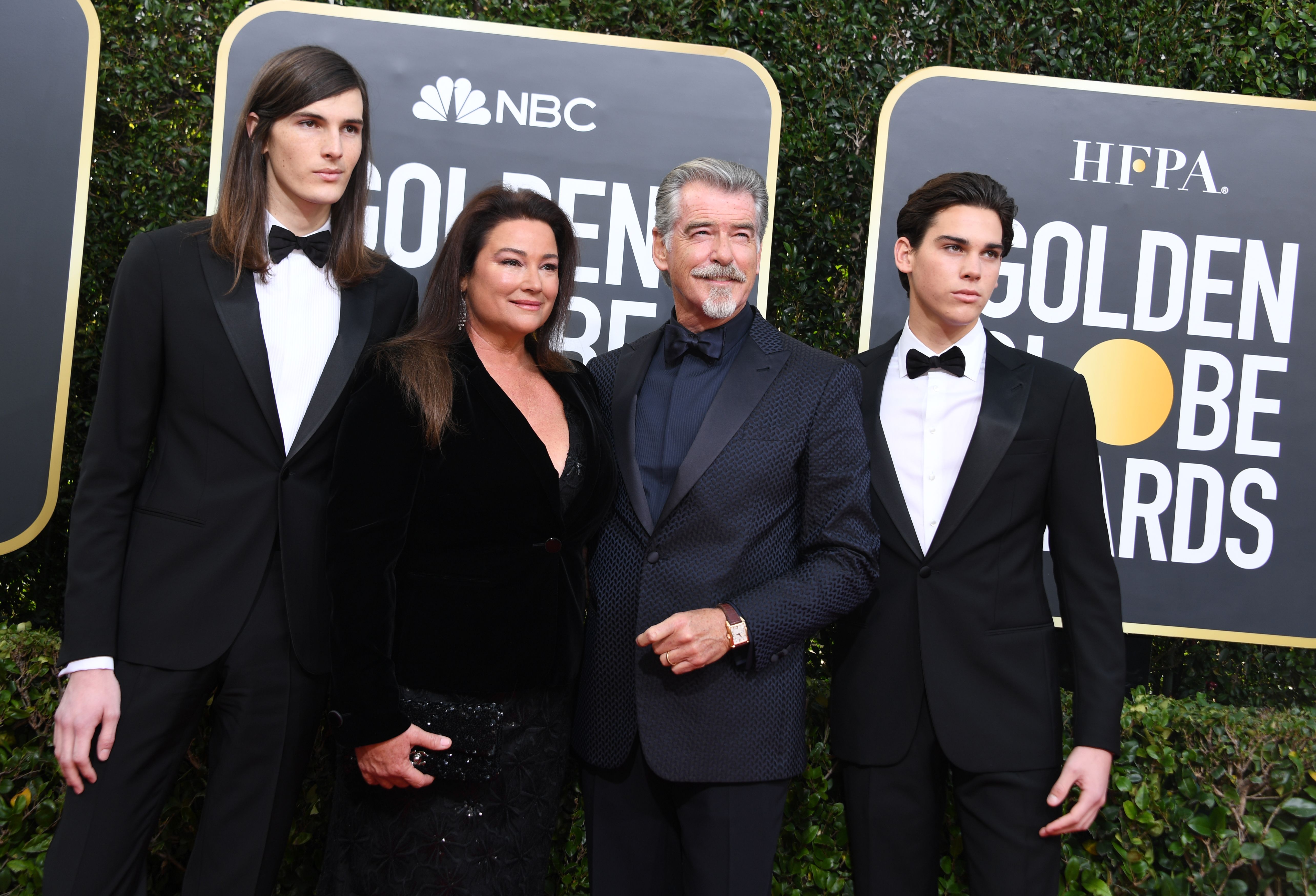 From left to right: Dylan Brosnan, Keely Shaye Smith, Pierce Brosnan, and Paris Brosnan