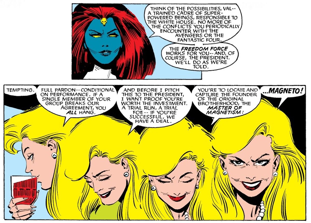 Mystique proposes a government pardon to Val Cooper in exchange for her services in Uncanny X-Men #199, as part of explaining Valerie Cooper's comic book history