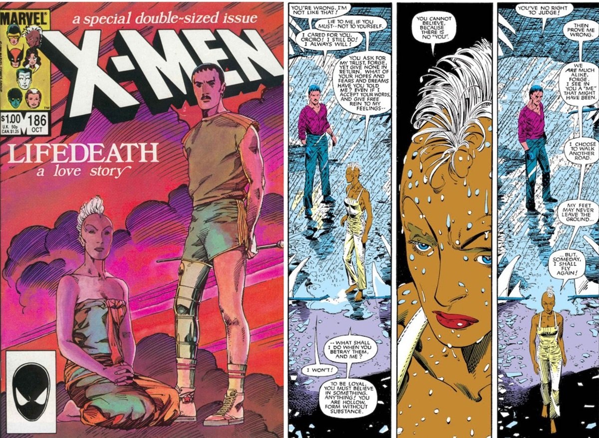 The cover and interior art for Uncanny X-Men #186, Lifedeath, by Barry Windsor-Smith. 