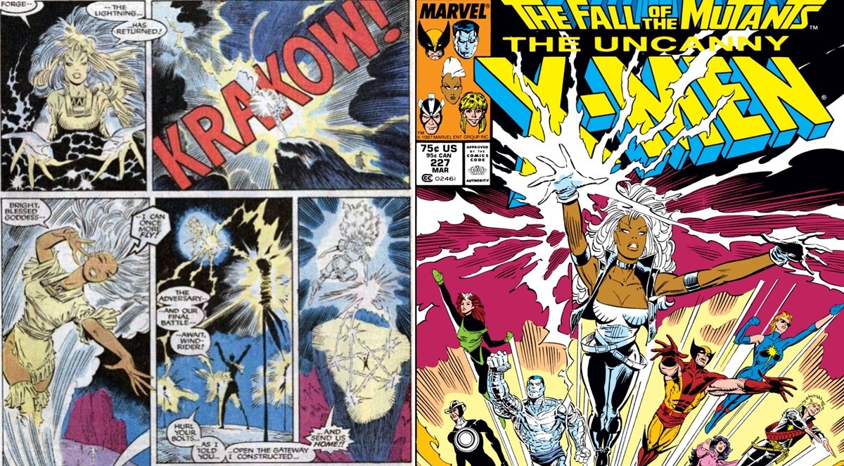 Storm gets her powers back in Uncanny X-Men #225, and leads her team in a heroic death in Uncanny X-Men #227. Art by Marc Silvestri.