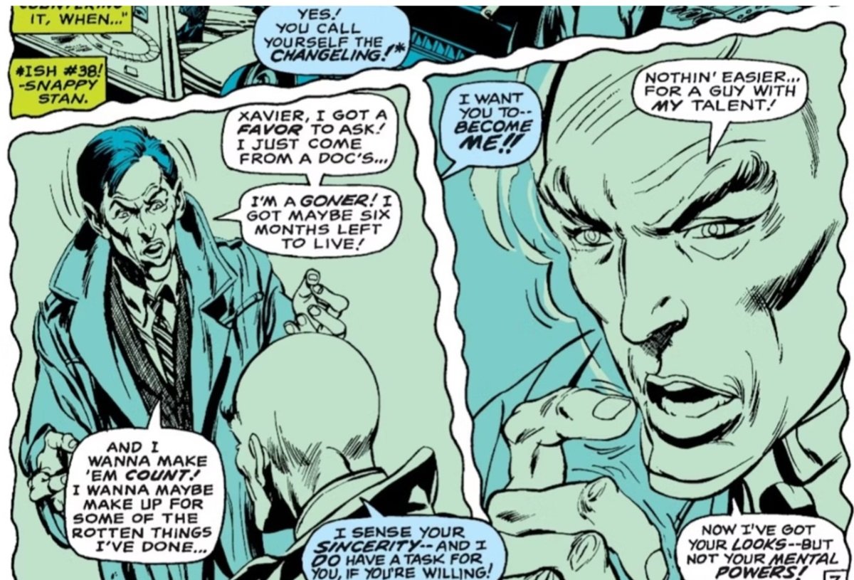 Changeling takes Professor X's place in flashback scene in a 1968 issue of Uncanny X-Men, art by Neal Adams.