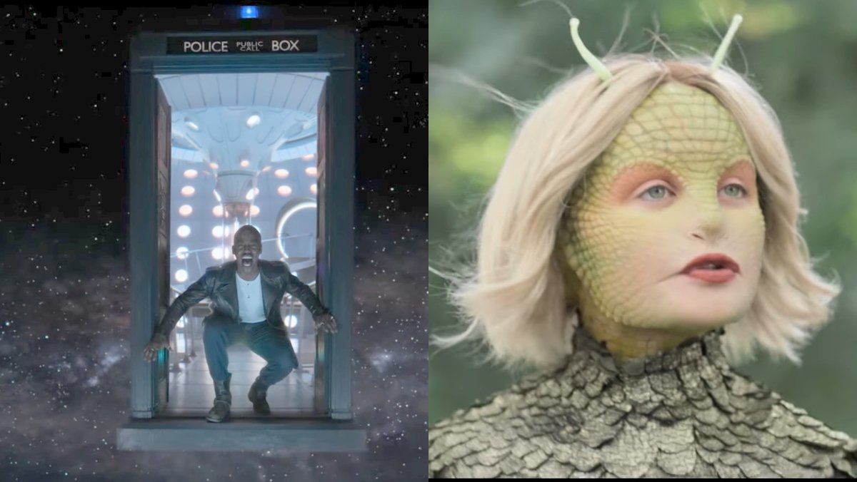 Doctor Who split image of doctor screaming in tardis and ruby sunday as lizard 