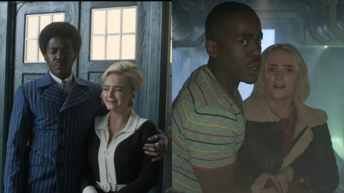split images of fifteenth doctor and ruby sunday looking upset and suprised in doctor who trailer