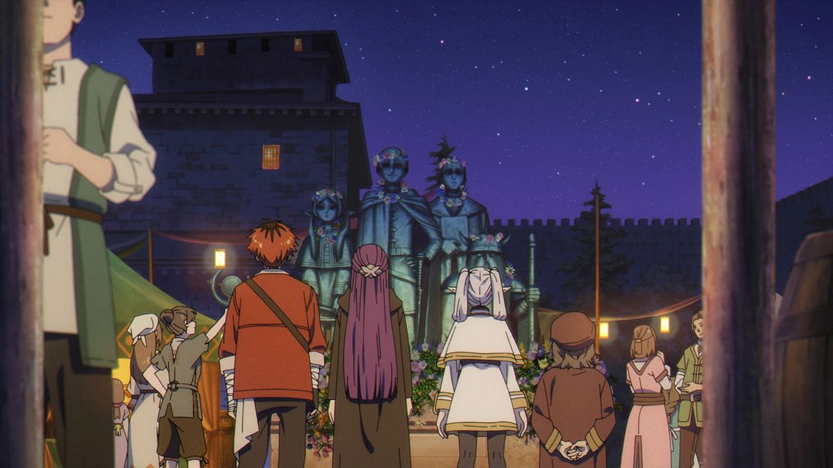 A red-haired young man in a red coat, a purple-haired girl, and a small elf woman with white hair stare at a group of statues in the middle of a town square