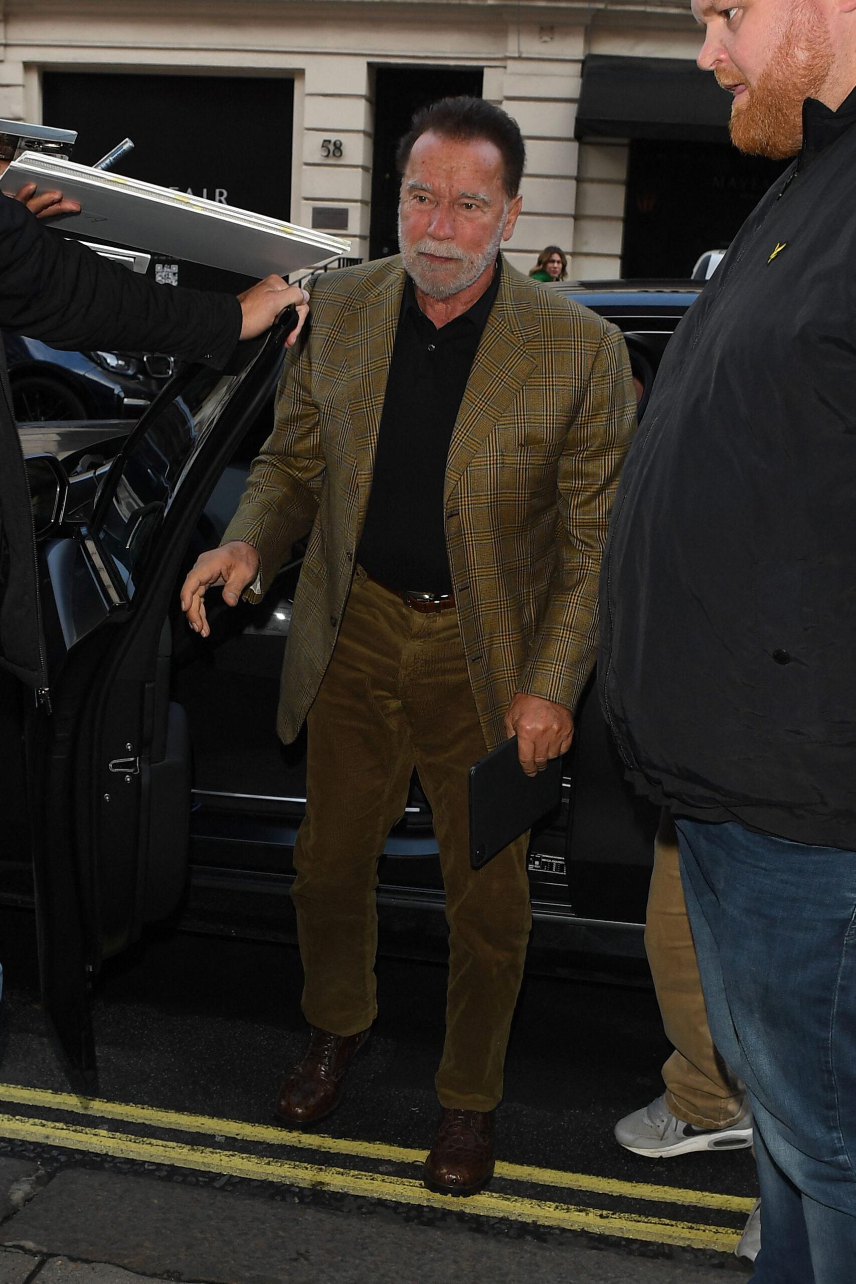 Arnold Schwarzenegger seen arriving at his Hotel in Central London