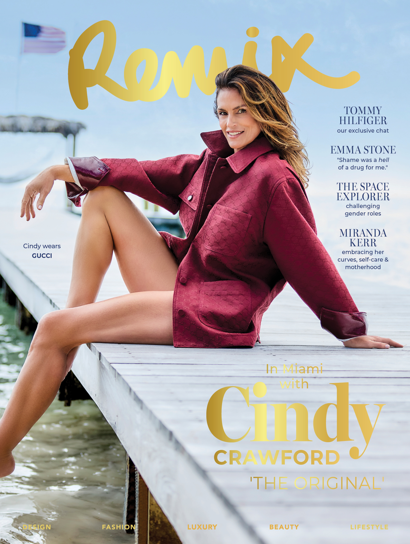 Cindy posed in a maroon jacket for the cover of Remix magazine