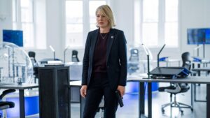 Kate Stewart (Jemma Redgrave) stands in UNIT HQ in Doctor Who The Power of the Doctor.