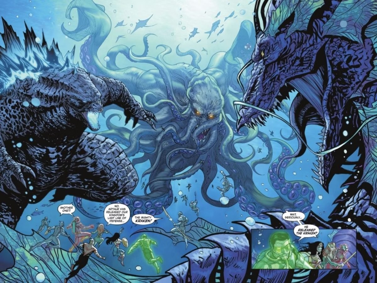 Panel from Justice League vs. Godzilla vs. Kong features Godzilla and Kraken fighting Tiamat in Atlantis.