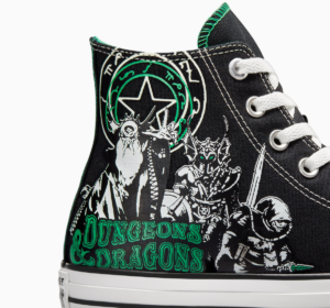 A closeup of the green and black limited-edition Chuck Taylor All-Star shoes.