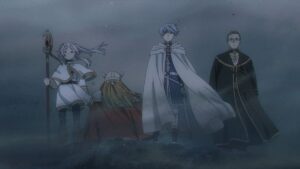 A group of four figures stand in the fog: a small elven mage with white hair, a stocky dwarven man, a blue-haired hero in a billowing cape, and a priest in black robes.