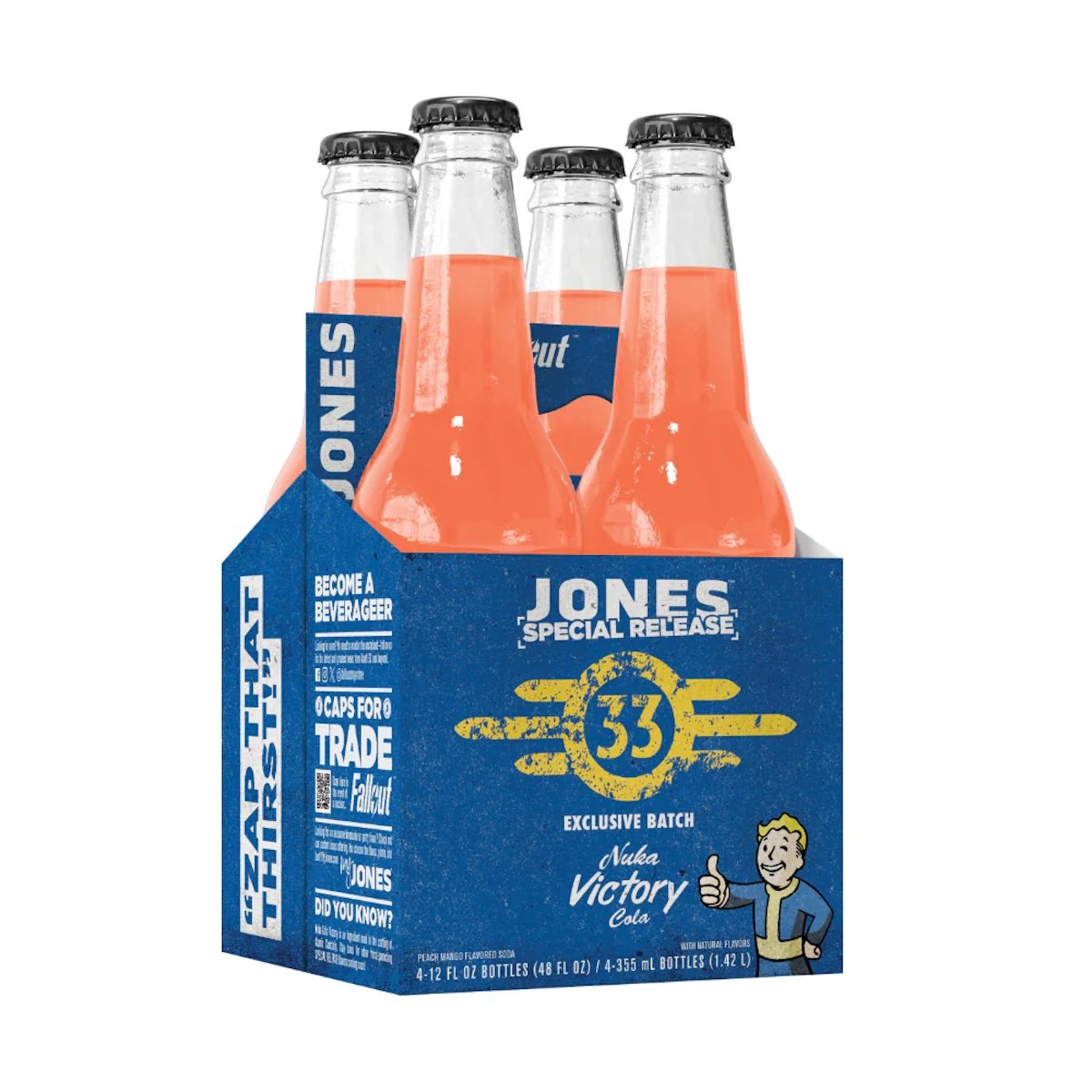 A four-pack of pink peach mango  Fallout Nuka-Cola Victory from Jones Soda in a blue package