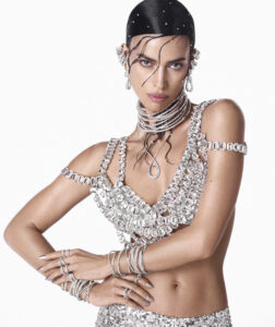 Supermodel Irina Shayk posed in this glittering crystal-adorned bra and skirt
