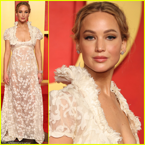 Jennifer Lawrence Goes Sheer, Wears Vintage Dress With Long Train to Oscars 2024 Afterparty