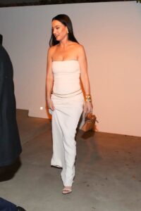 Katy Perry looked sleek in a sleeveless white gown while attending a pre-Oscars party in Beverly Hills
