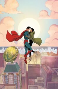 Superman and Lois embrace, silhouetted by the sun, as they hover above Metroplis on a cover for My Adventures With Superman #1.