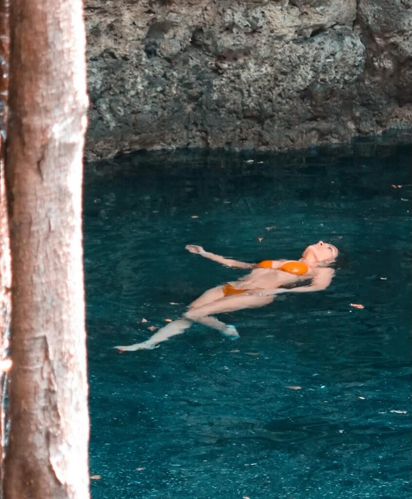 Salma Hayek shared new Instagram photos of her floating in a cenote during her recent trip to Mexico