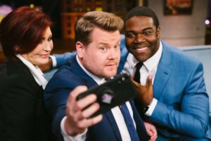 From left: Sharon Osbourne, TV personality James Corden and actor Sam Richardson take a selfie on “The Late Late Show” in 2019.