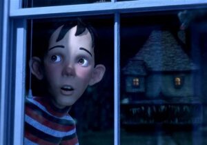 D.J. peering through his window at the Monster House.