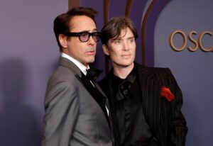 Robert Downey Jr. -- clearly an extrovert -- and Cillian Murphy at the Academy Of Motion Picture Arts & Sciences' 14th Annual Governors Awards in January.