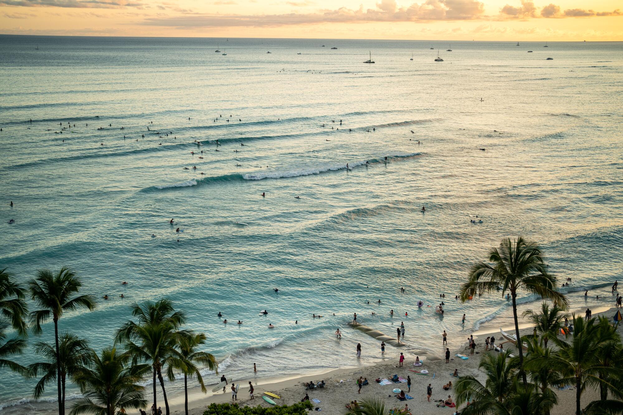 A wide view of Waikiki Beach on the Hawaiian island of Oahu