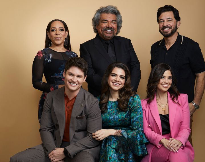 Clockwise from top left: Selenis Leyva, George Lopez, Al Madrigal, Debby Wolfe, Mayan Lopez and Matt Shively of NBC's "Lopez vs. Lopez" at the 2024 Winter Television Critics Association Press Tour in Pasadena, California.