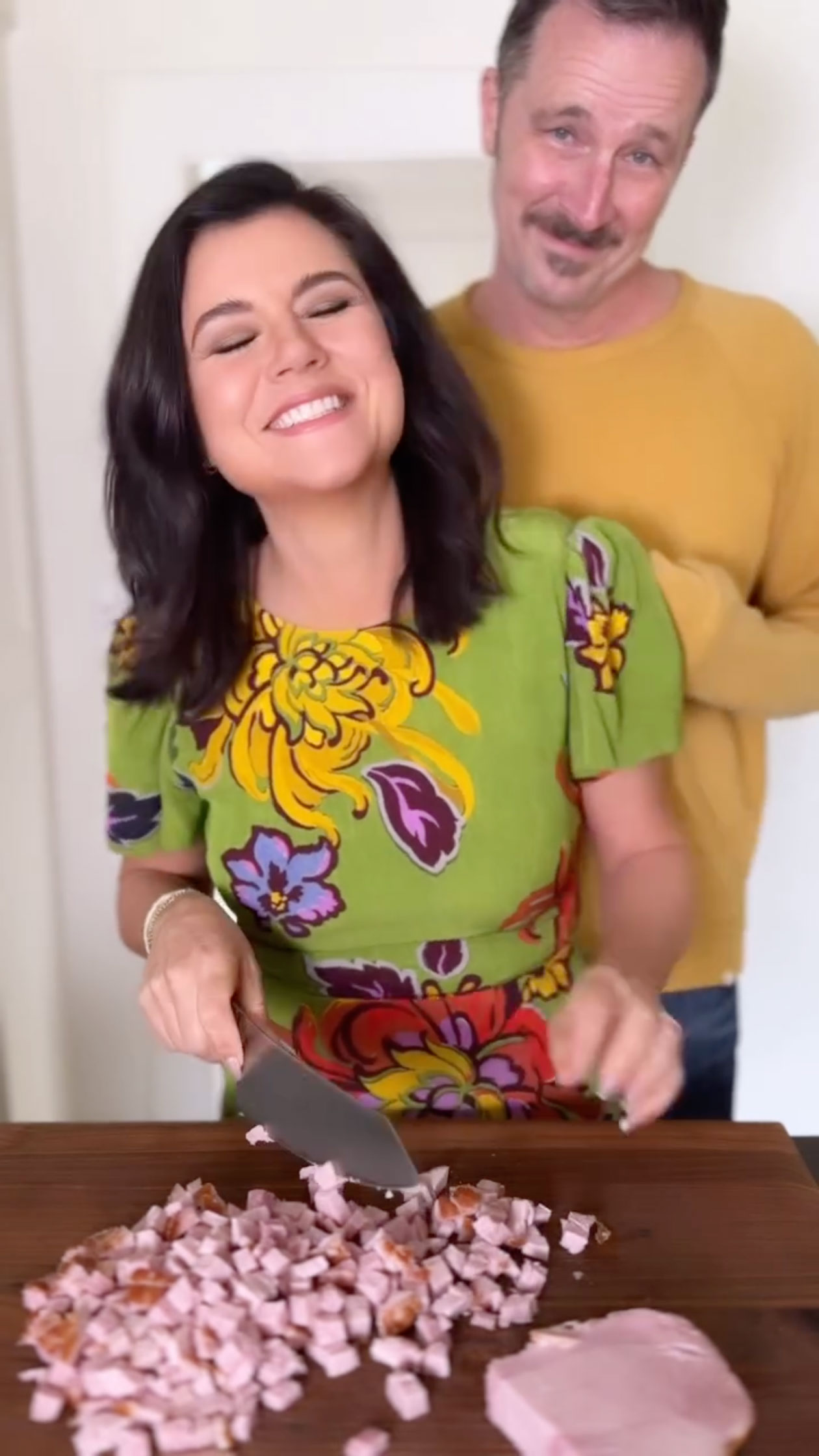 In the video, the Beverly Hills, 90210 actress was shown preparing the ham salad as her husband both distracted and assisted her