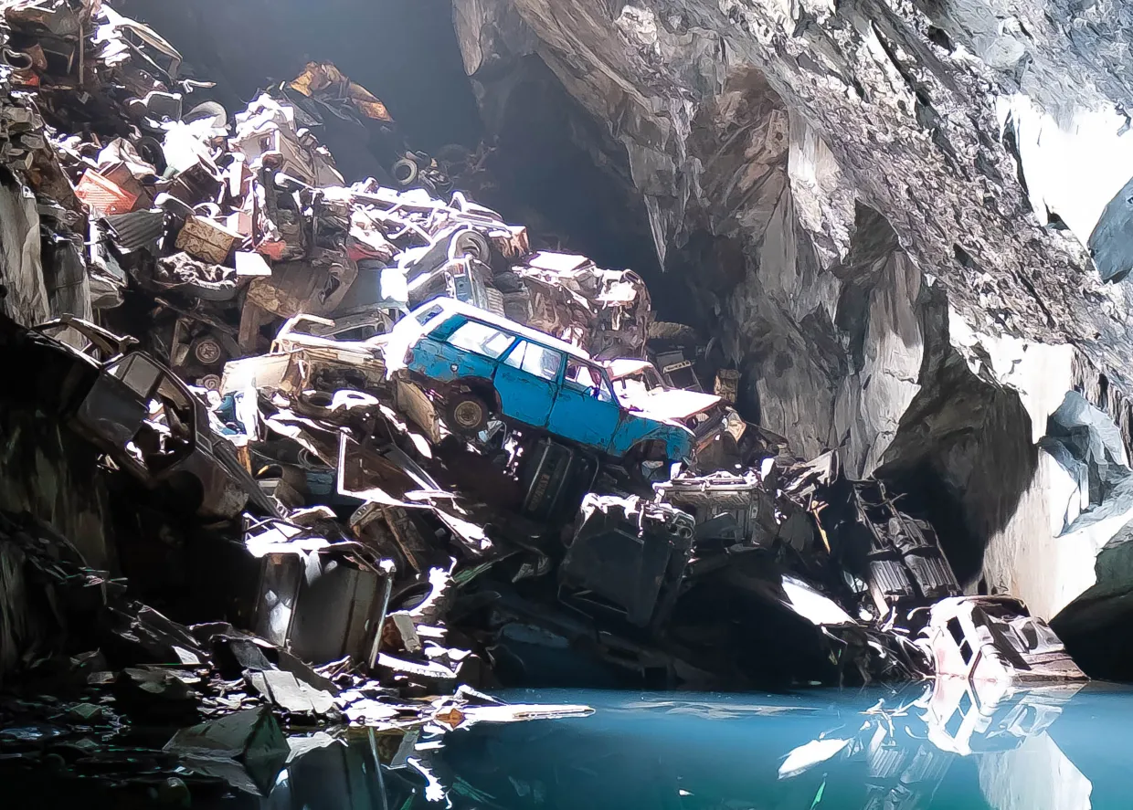 Located at the bottom of a Welsh mine, hundreds of disused cars have been left