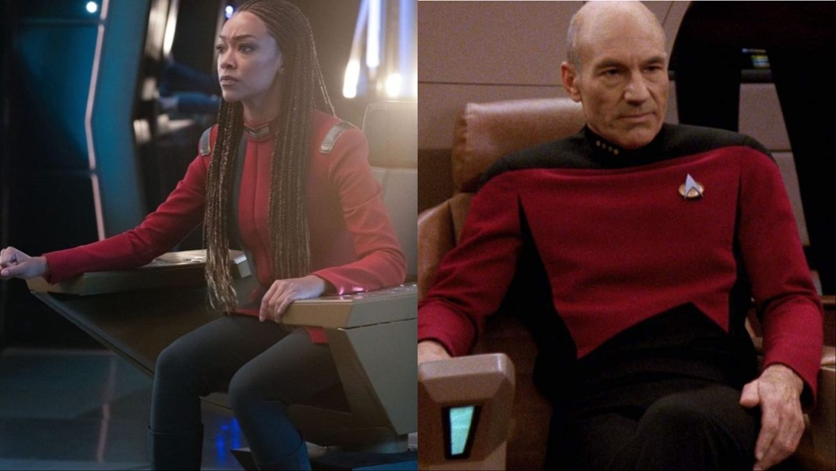 Star Trek's Captains Burnham (Sonequa Martin-Green) and Picard (Patrick Stewart) in their respective captain's chairs.