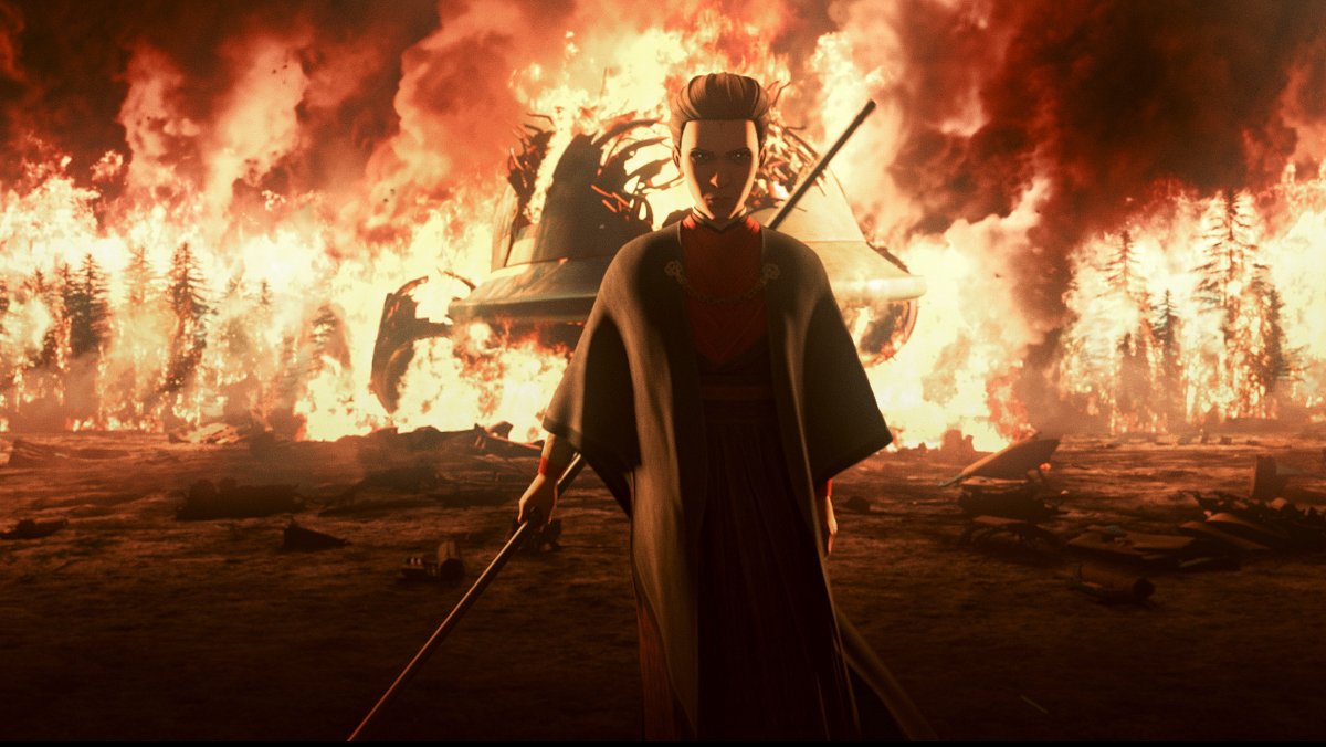 Morgan Elsbeth standing in front of a fire in the trailer for Star Wars: Tales of the Empire
