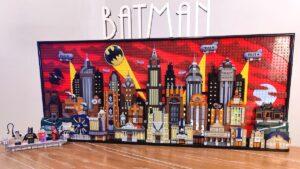 The completed LEGO Gotham City Batan set standing on a table
