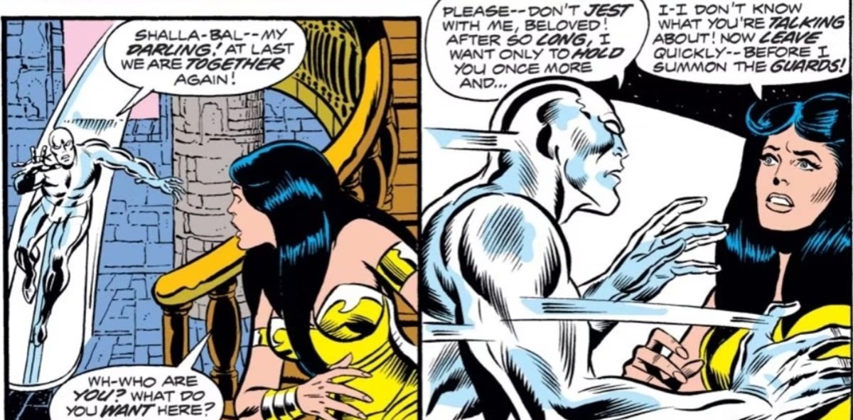The Silver Surfer encounters Shalla-Bal without her memory in Latveria.