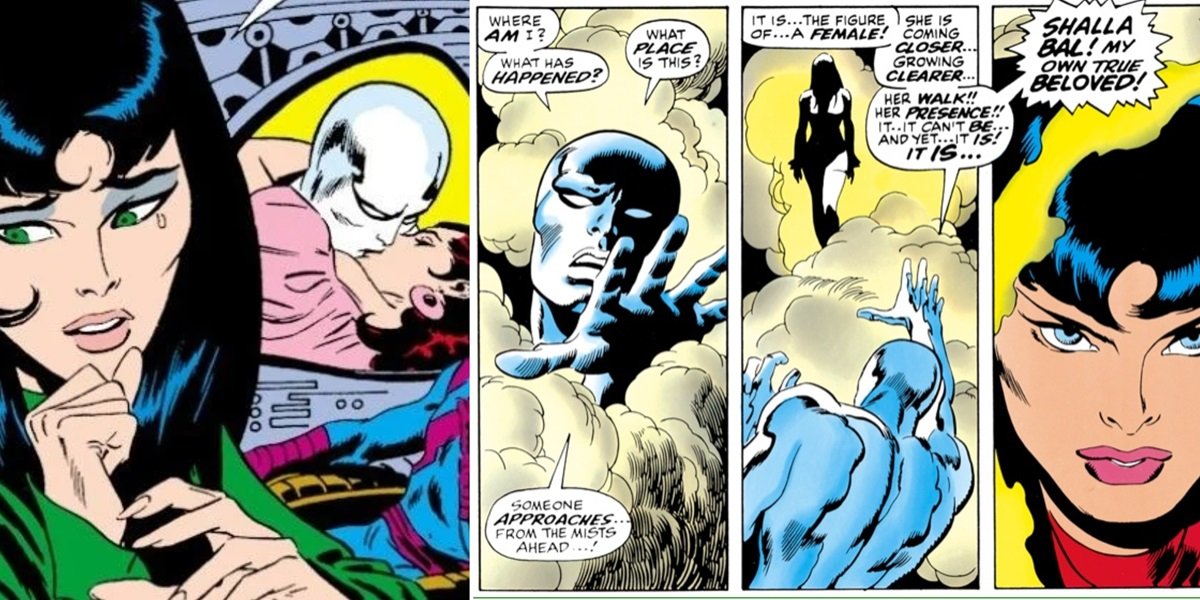 The Silver Surfer hallucinates seeing his lost love Shalla-Bal in the pages of Marvel Comics.