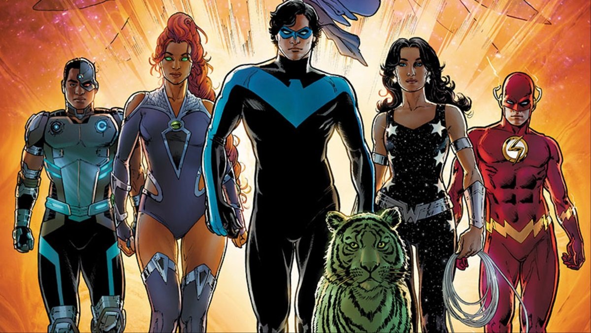 The modern DC Comics Titans roster, now all adults. 