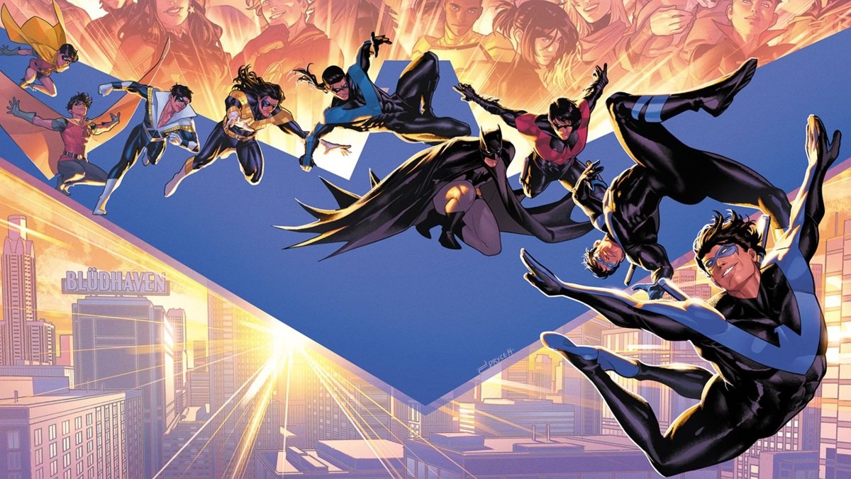 The cover of Nightwing #100, showcasing Dick Grayson various looks over the years.