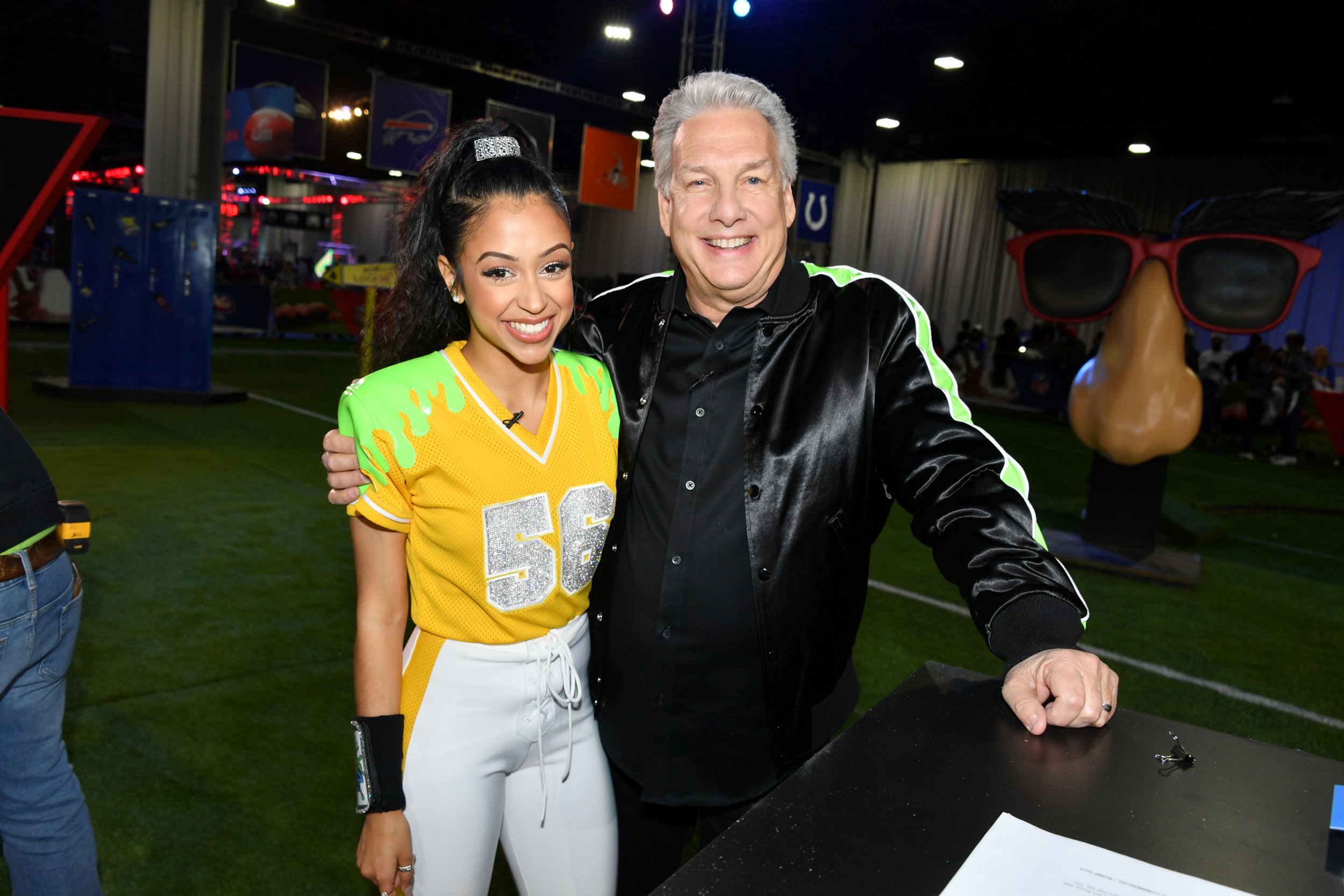 (L-R) Liza Koshy and Marc Summers attend Nickelodeon's Double Dare Takes The Gridiron At Super Bowl LIII at Georgia World Congress Center on January 31, 2019, in Atlanta, Georgia