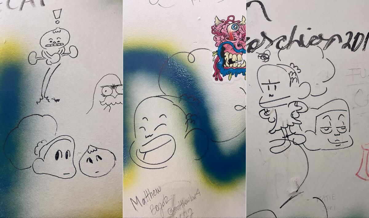Drawings of Jessica, Small Uncle and Craig from "Jessica's Big Little World" on a white wall