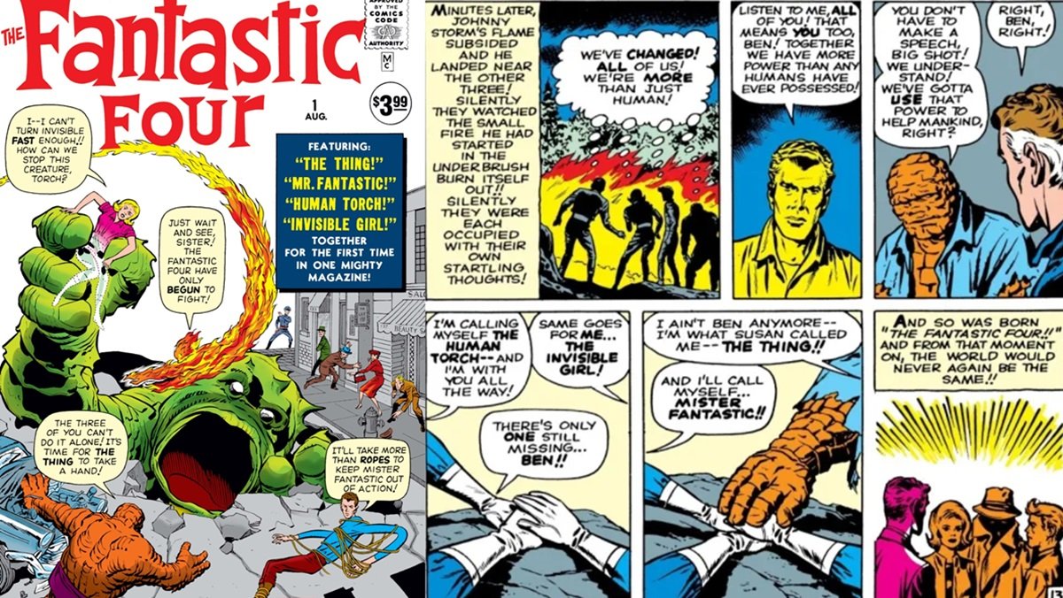 Cover and interior art by Jack Kirby for Fantastic Four #1 (1961)