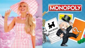 Margot Robbie as Barbie Waving and the monopoly man