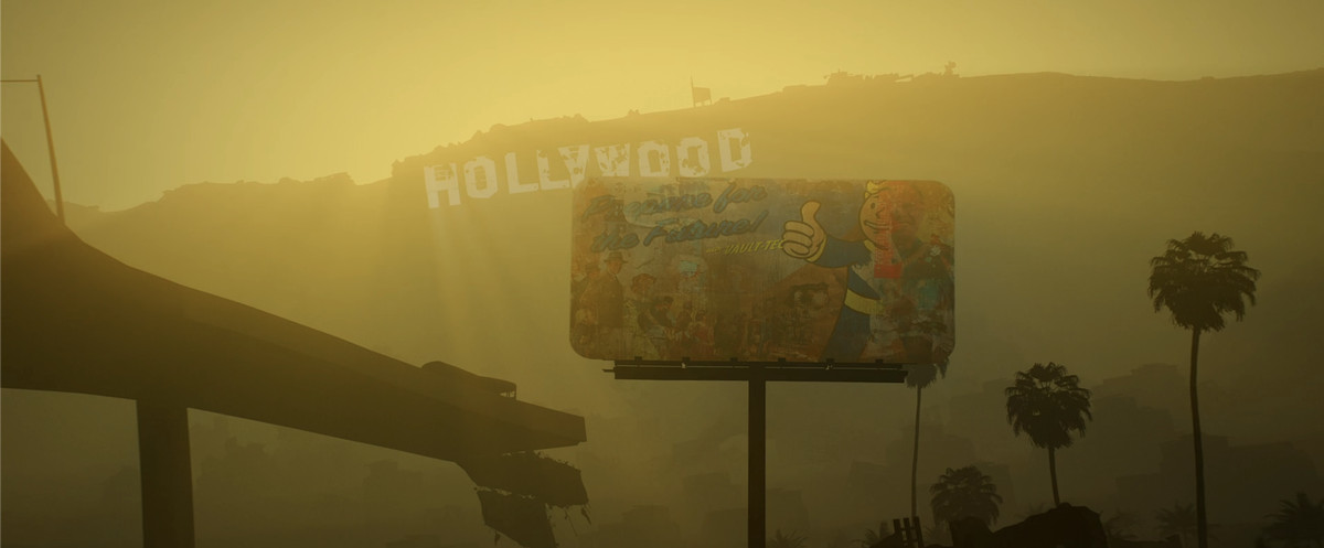 A shot from the Fallout season 3 credits, of a faded Vault-Tec billboard with Vault Boy giving his thumbs up. Half of his face has peeled and you can see Howard Cooper’s (Walton Goggins) face on an ad making up his face