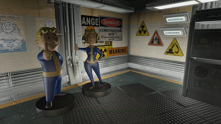 A still from Fallout 4’s Vault-Tec Workshop of two Vault-Tec mascots giving a thumbs up in front of a bunch of “caution” signs on the wall
